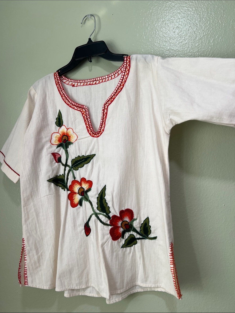 Cream Embroidered Floral Tunic with Red Trim